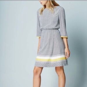 Boden Dolly Faux Wrap Printed Dress Navy Blue Yellow Stripe Trim Women’s Sz 8L